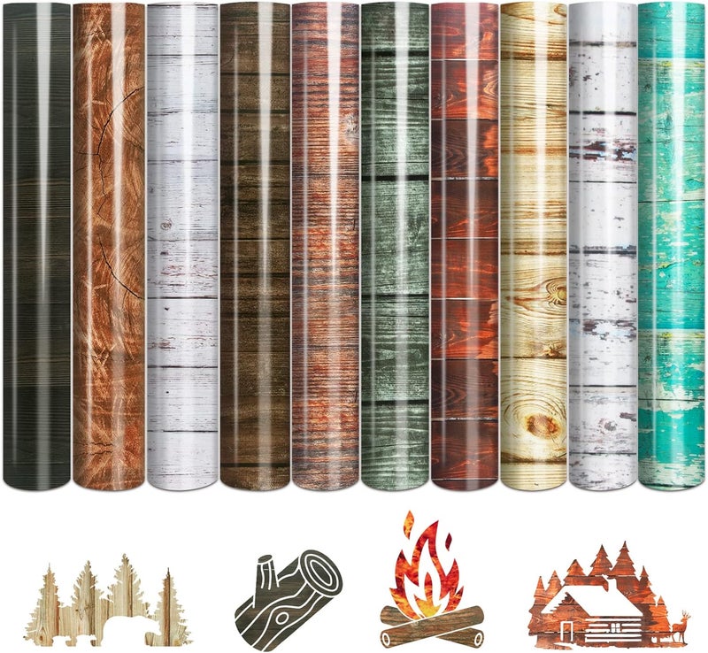 Tintnut Wood Pattern HTV Vinyl - 10 Sheets 12 X 10 Inches Brown Wood Heat Transfer Vinyl White Wooden Planks Iron on Vinyl Vintage HTV for t-Shirts DIY Compatible with Cricut or Silhoutte Cameo - Image 1